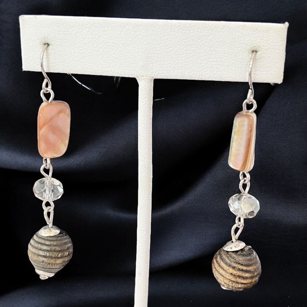 New Beaded Earrings Silver Tone Shells Wood Crystal - 10O
